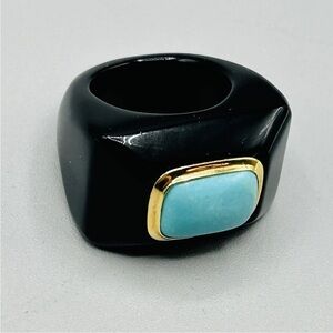 GSJ Large Black Jade Statement Ring 10K gold frame Turquoise Stone Size 8 VTG